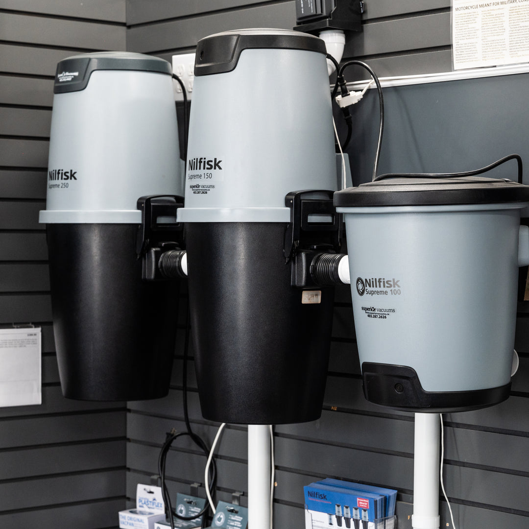 Nilfisk Central Vacuums Systems in our store at Superior Vacuums, Calgary, Canada.