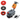 A cordless floor scrubber machine with a gray body, orange control housing, and steering handle, shown on a white background with three attachment pads and a power adapter.