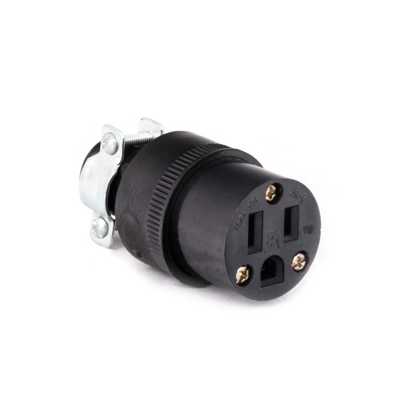 Black Female 3 Wire Thermoplastic Plug With Metal Clamp - 15 Amp Up To 12 Gauge Wire - Plugs