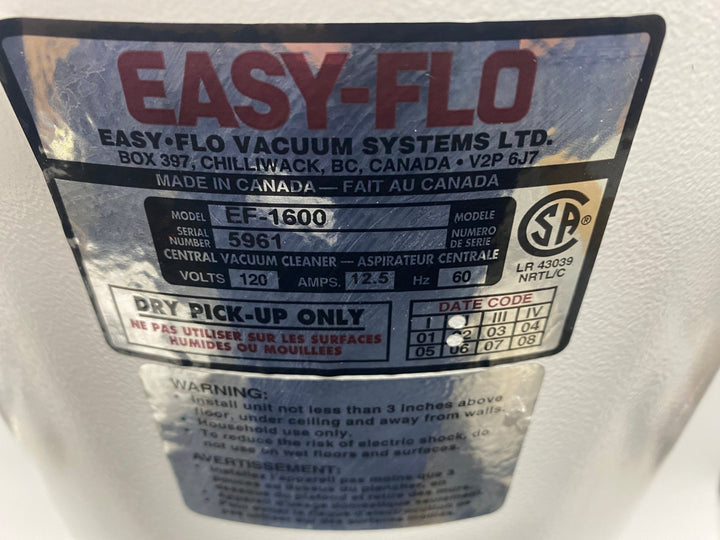 Efficient and Quiet Easy-Flo EF1600 Central Vacuum System with Self-Cleaning Filtration