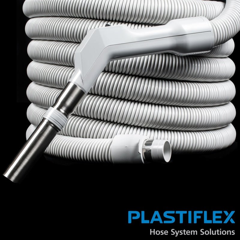 Plastiflex Crushproof Central Hose 35’ X 1 3/8 Pistol Grip Swivel Handle Friction Fit Light Grey