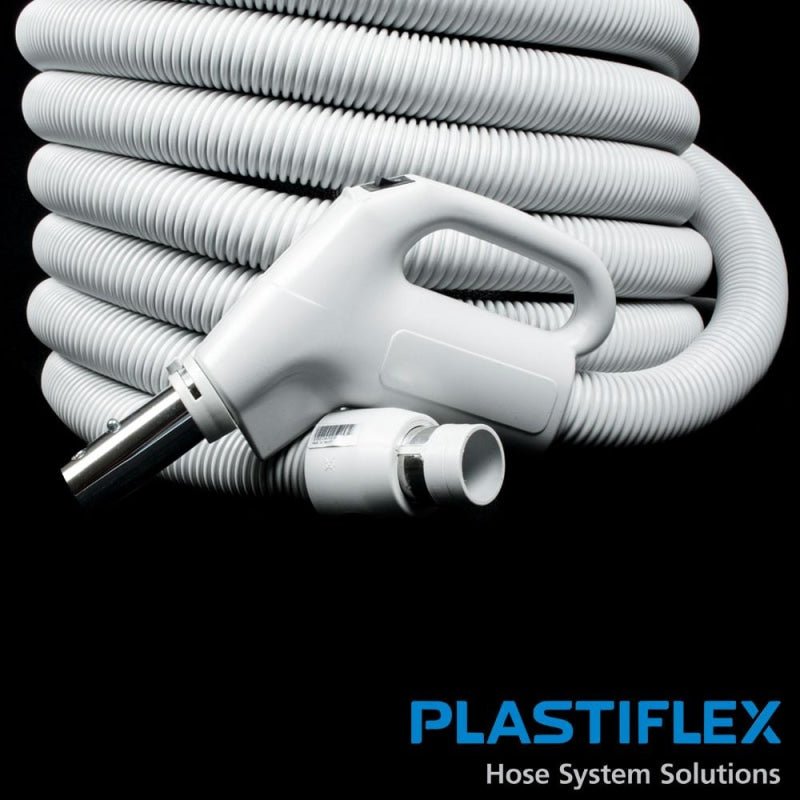 Plastiflex Crushproof Central Hose 40’ X 1 3/8 Pistol Grip Swivel Handle Friction Fit Light Grey