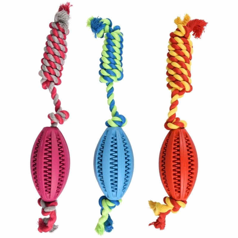 Rubber Rugby Ball Dog Chew Toy with Cotton Rope - Pet Products